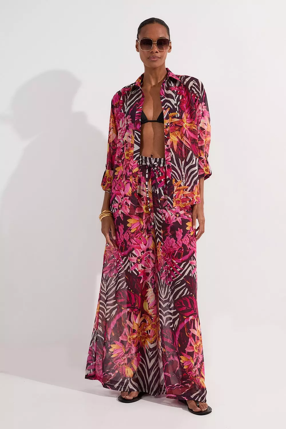 ★Karen Millen★ ビーチトロピカルジョーゼットビーチシャツ Beach Tropical Georgette Beach Shirt | Karen Millen